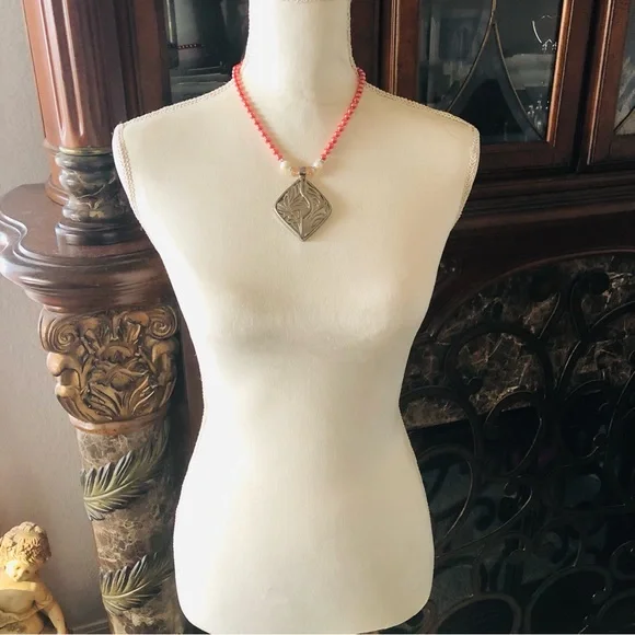 Handcrafted repurpose large filigree pendant Czech glass Pearl necklace